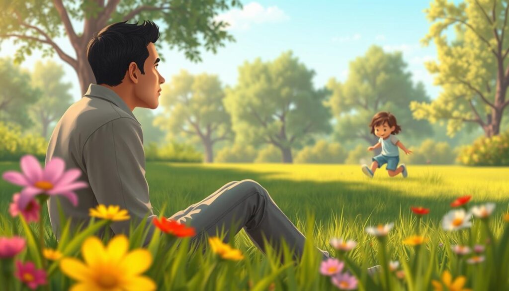 A serene and introspective scene depicting the "inner child" concept, featuring a thoughtful adult sitting in a tranquil park setting, surrounded by lush greenery.