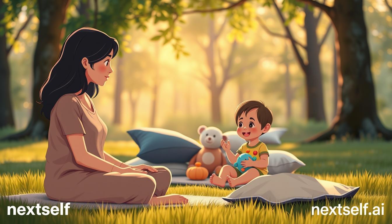 An adult sitting peacefully in a green park, watching a younger version of themselves play - a portrait of reconnecting with the inner child.